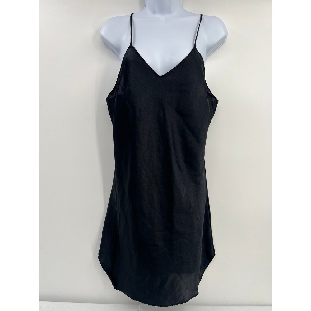 Vintage Black Satin Slip Dress Sleeveless V-Neck Scalloped Trim Large USA Made